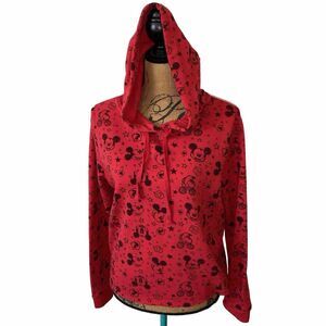 Disney Mickey Mouse Red Pullover Hoodie Jerry Leigh Polyester Hemless LARGE EUC